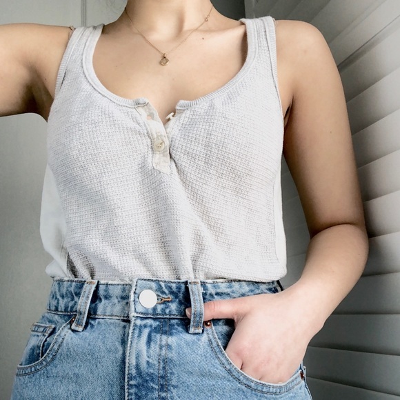 American Eagle Grey Henley Waffle Knit Tank Top